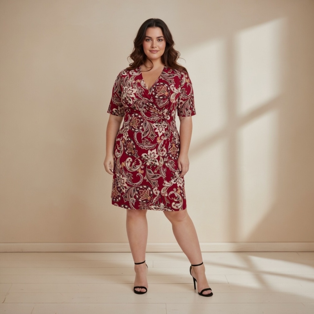 Connected Apparel Dress Faux Wrap Dress in Deep Red Floral Size 24W